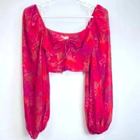 For Love & Lemons Trisha Pink Red Floral Blouson Puff Sleeve Crop Top Size Small - Picture 6 of 9